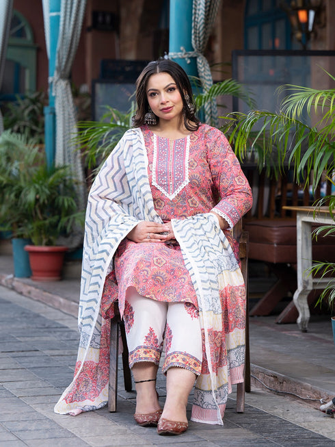Women Plus Size Peach Pure Cotton Kurta Set With Dupatta